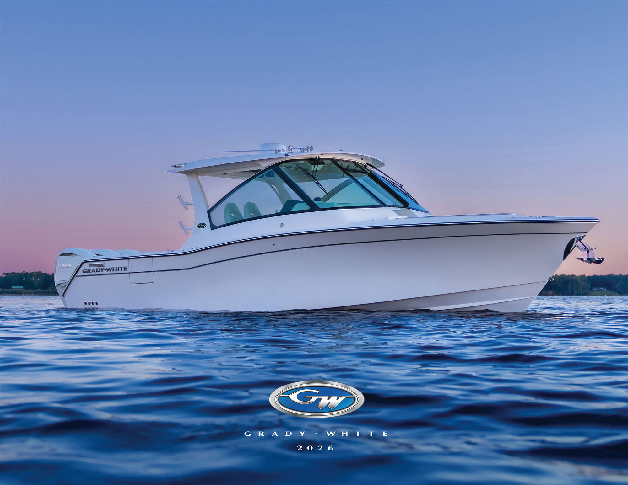 Front cover of the MY2026 Grady-White Boats brochure showing the Freedom 345 dual console boat on the water starboard side at sunset