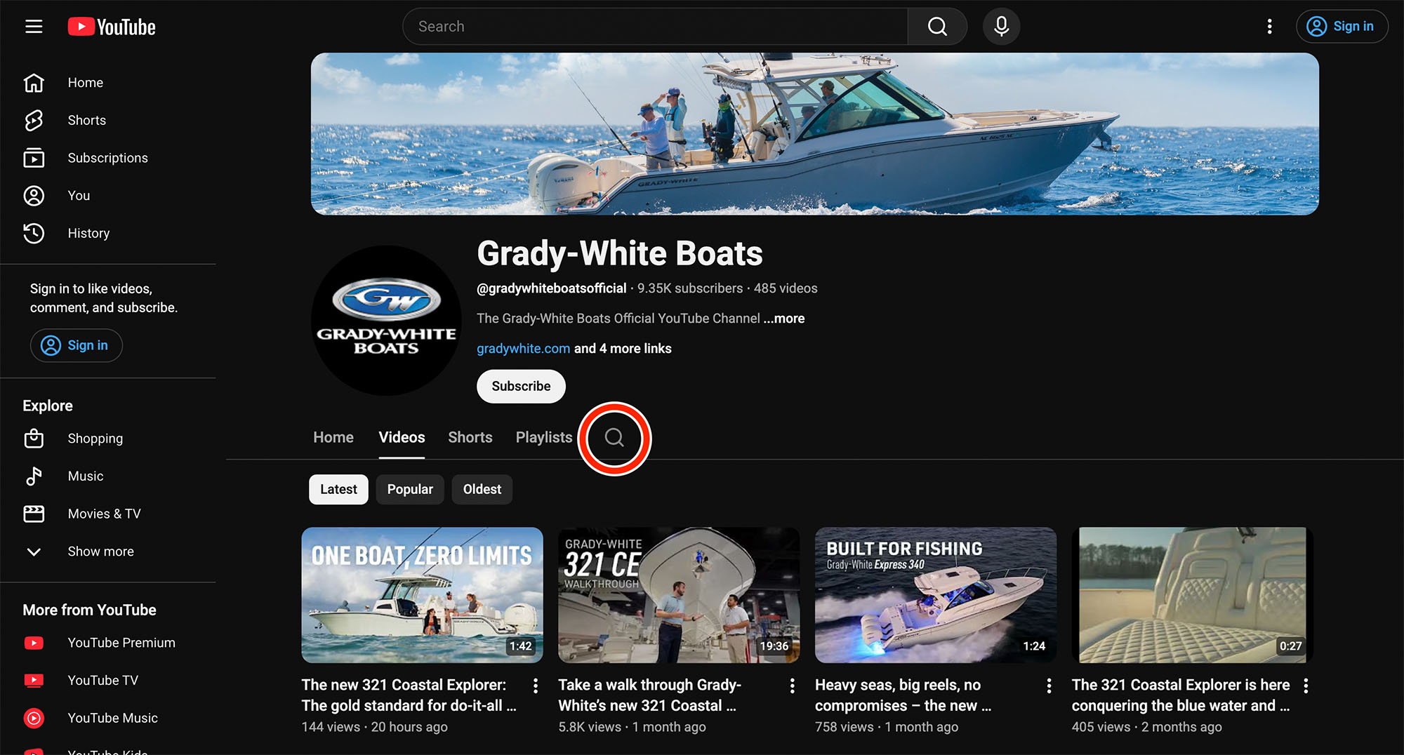 Screenshot of the Grady-White YouTube channel with a red circle drawn around a search icon.