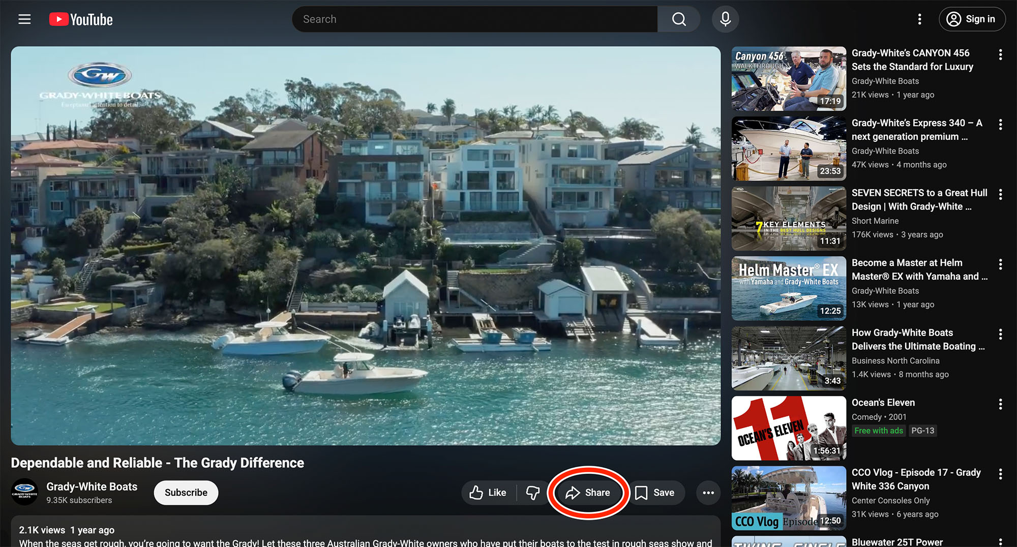 Screenshot of a video on the Grady-White YouTube channel with a red ellipse drawn around the Share button.