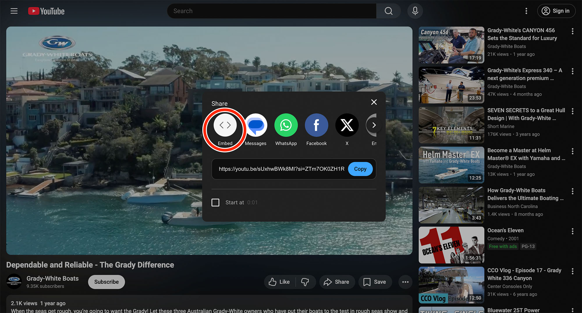 Screenshot of a video on the Grady-White YouTube channel with a red circle drawn around the Embed button.