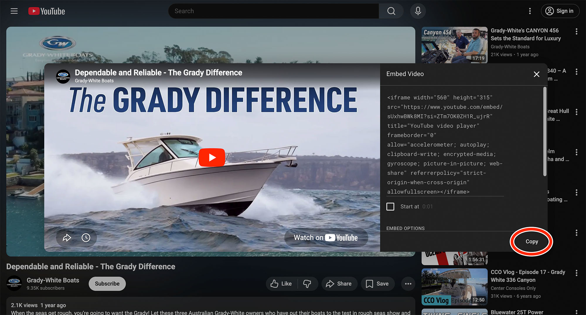 Screenshot of a video on the Grady-White YouTube channel with a red ellipse drawn around the Copy button.